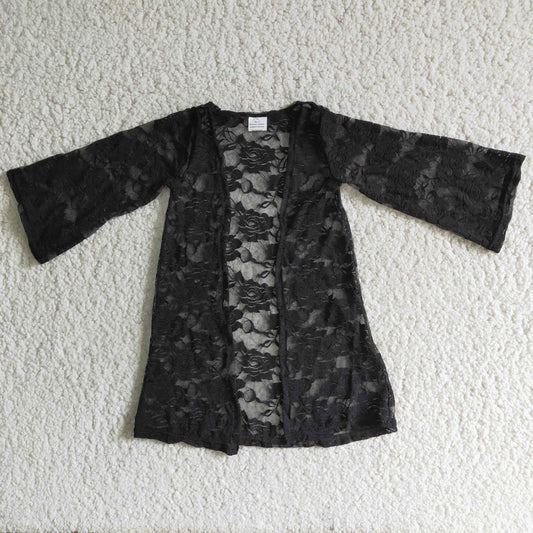 Fashion Black Lace Hip Length Coat