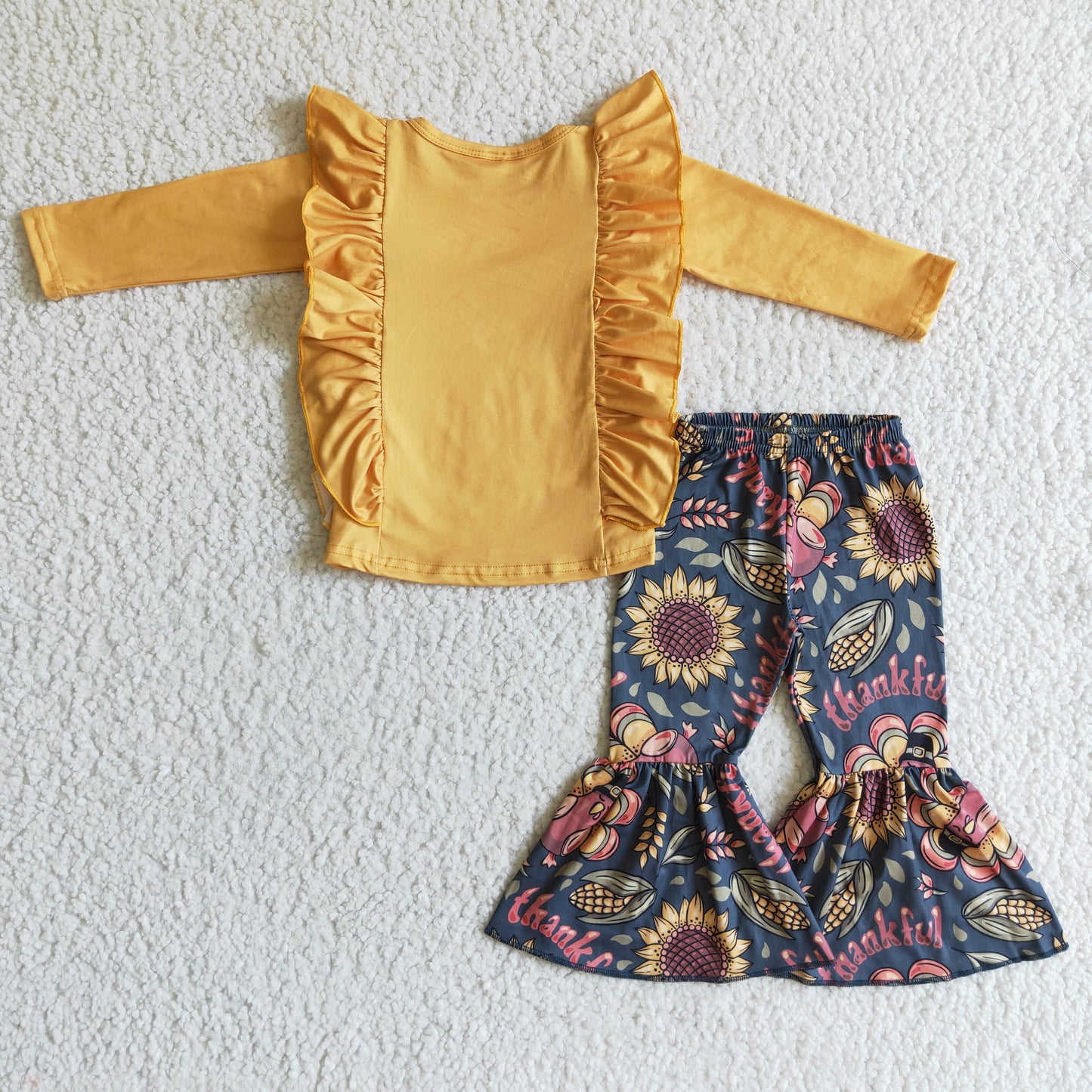 thanksgiving day turkey print mustard ruffle shirt pants set GLP0201