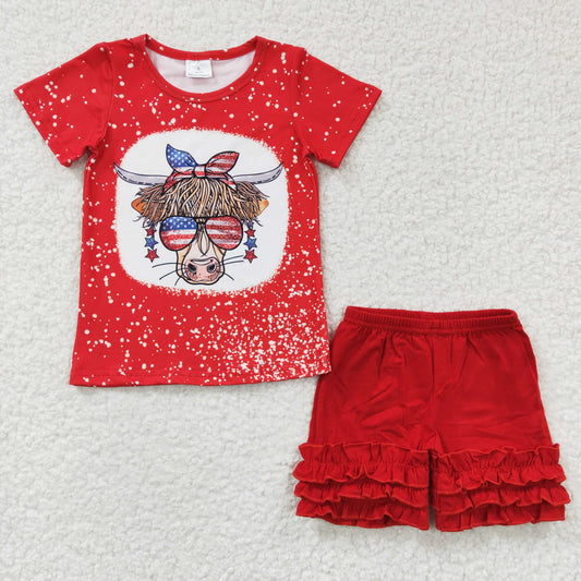 4th of july cow with glasses shirt red cotton shorts set