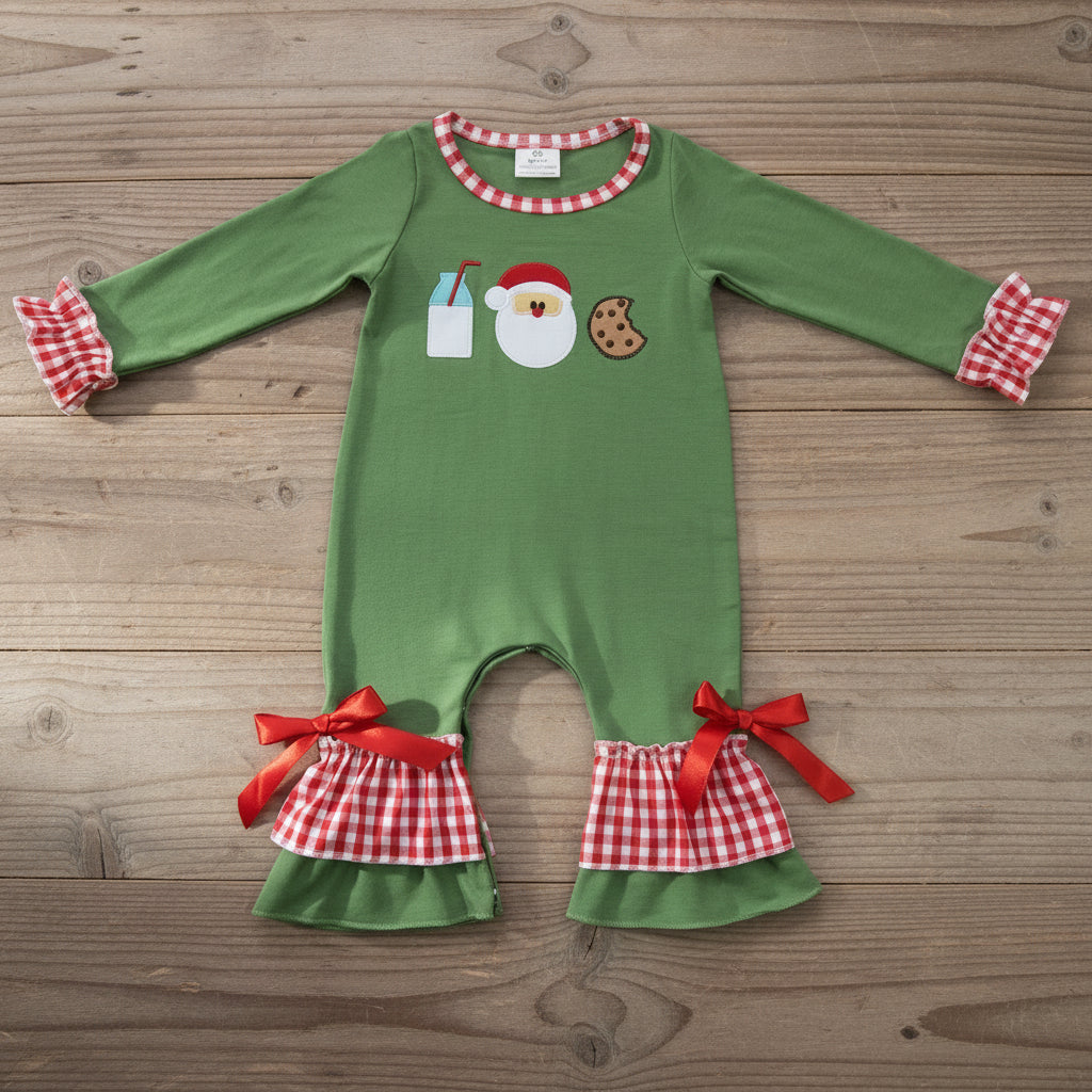 christmas cookie embroidery green cotton romper for baby girl