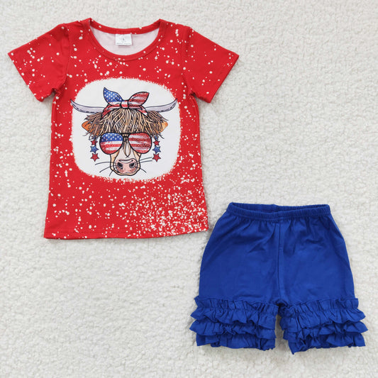 4th of july cow with glasses shirt blue cotton shorts set
