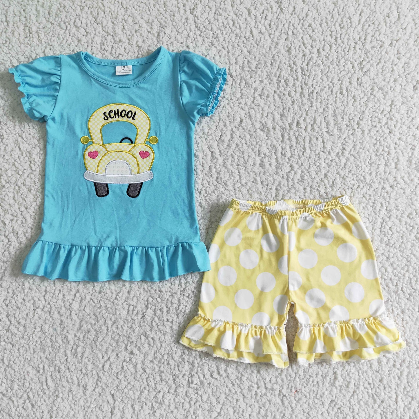 kids clothing back to school bus embroidery shorts set