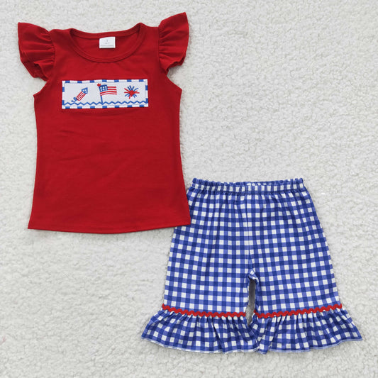 4th of july /patriotic red cotton embroidery girls shorts set