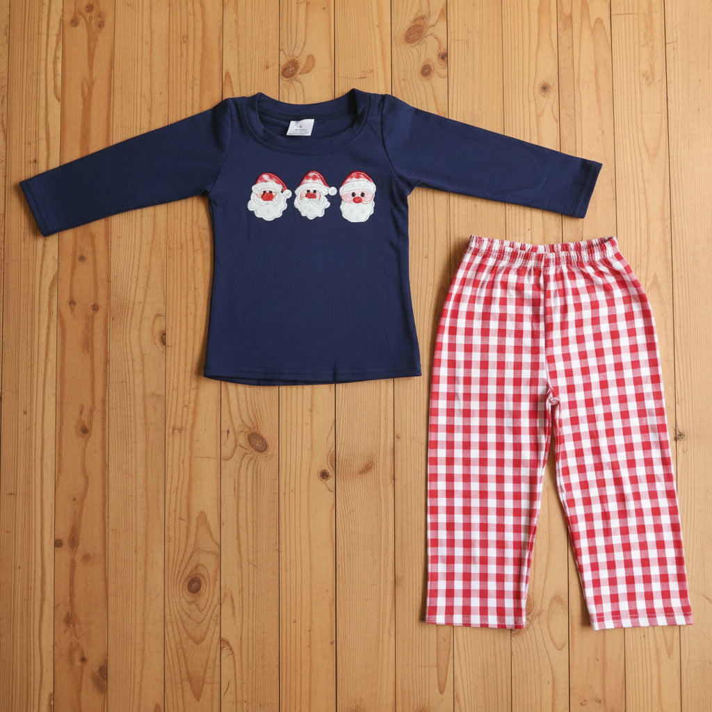 Santa Claus Embroidery Red Plaid Pants Set boys christmas outfit