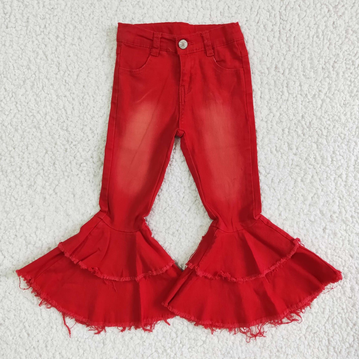 red double ruffle jeans denim pants