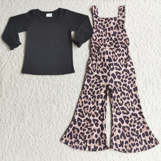 2pcs Black Cotton Top Leopard Overalls Bells Set