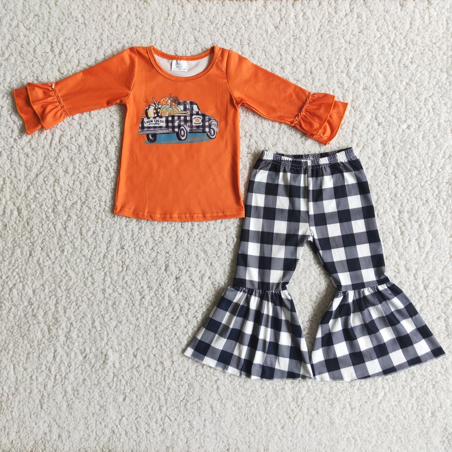 Orange Pumpkin Truck Outfit Plaid Pants Set 6 A8-29