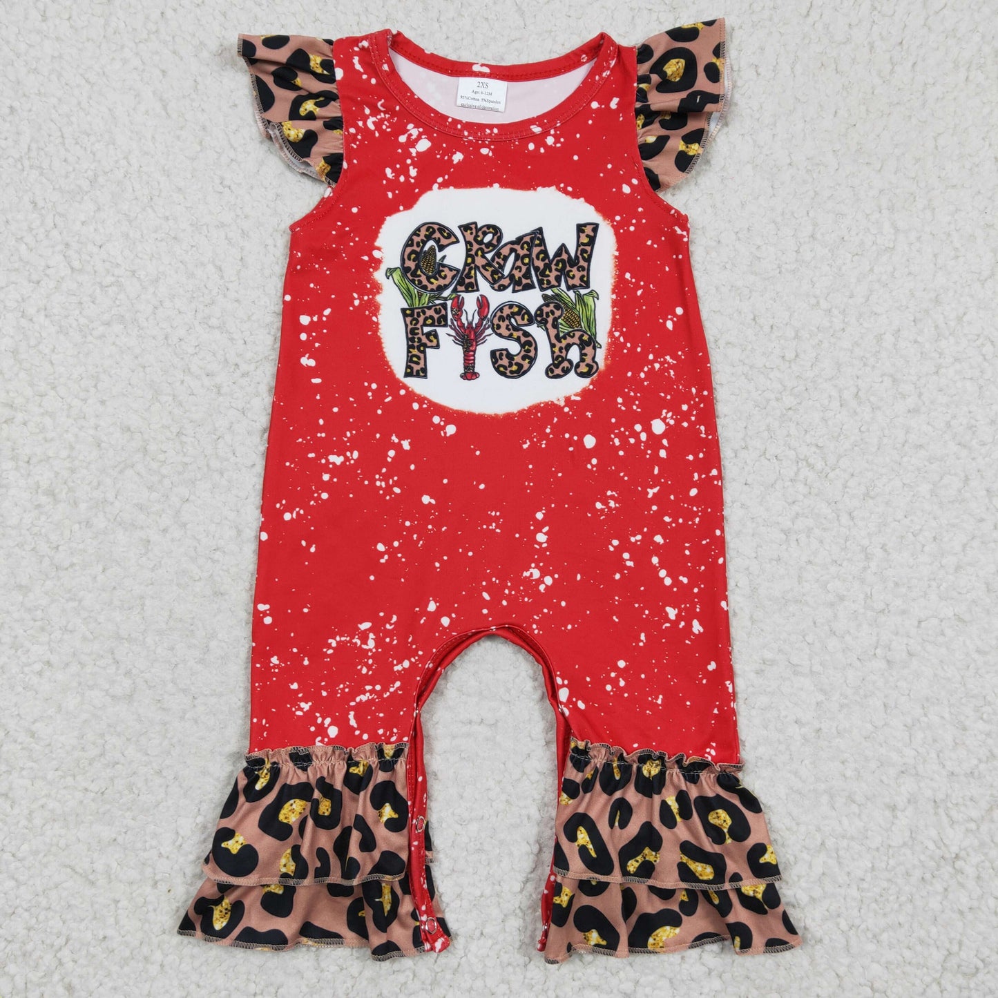 red crawfish leopard ruffle romper for baby girl