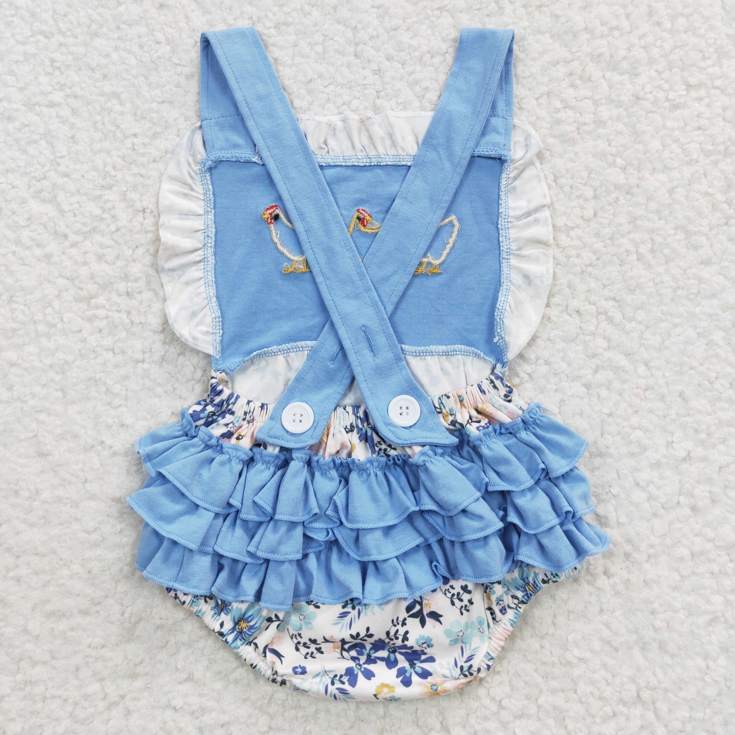 blue chicken embroidery ruffle bubble for baby girl