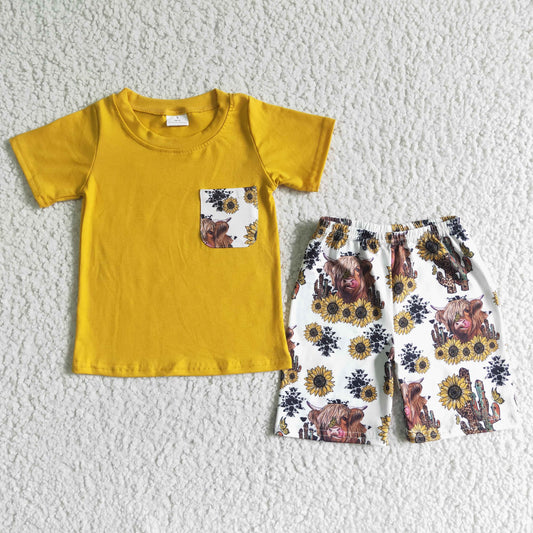 gold top pocket outfit boy highland cow shorts set