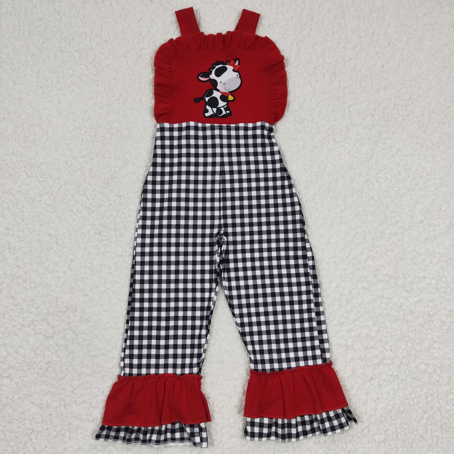 cow embroidery black plaid ruffle pants jumpsuit