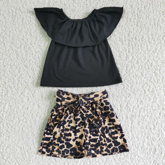ruffle cotton black top leopard shorts set for summer