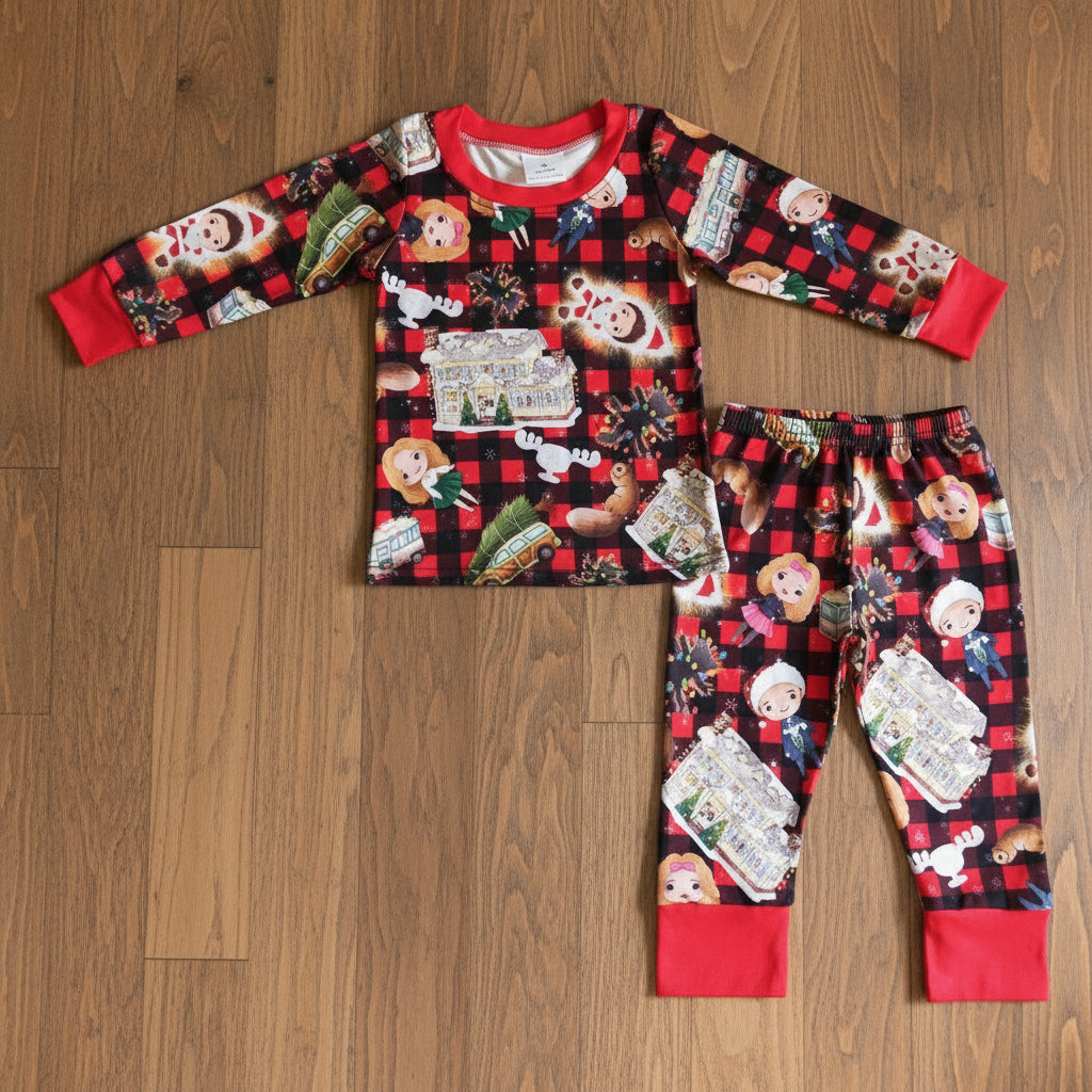 kids christmas doll house plaid pajama set