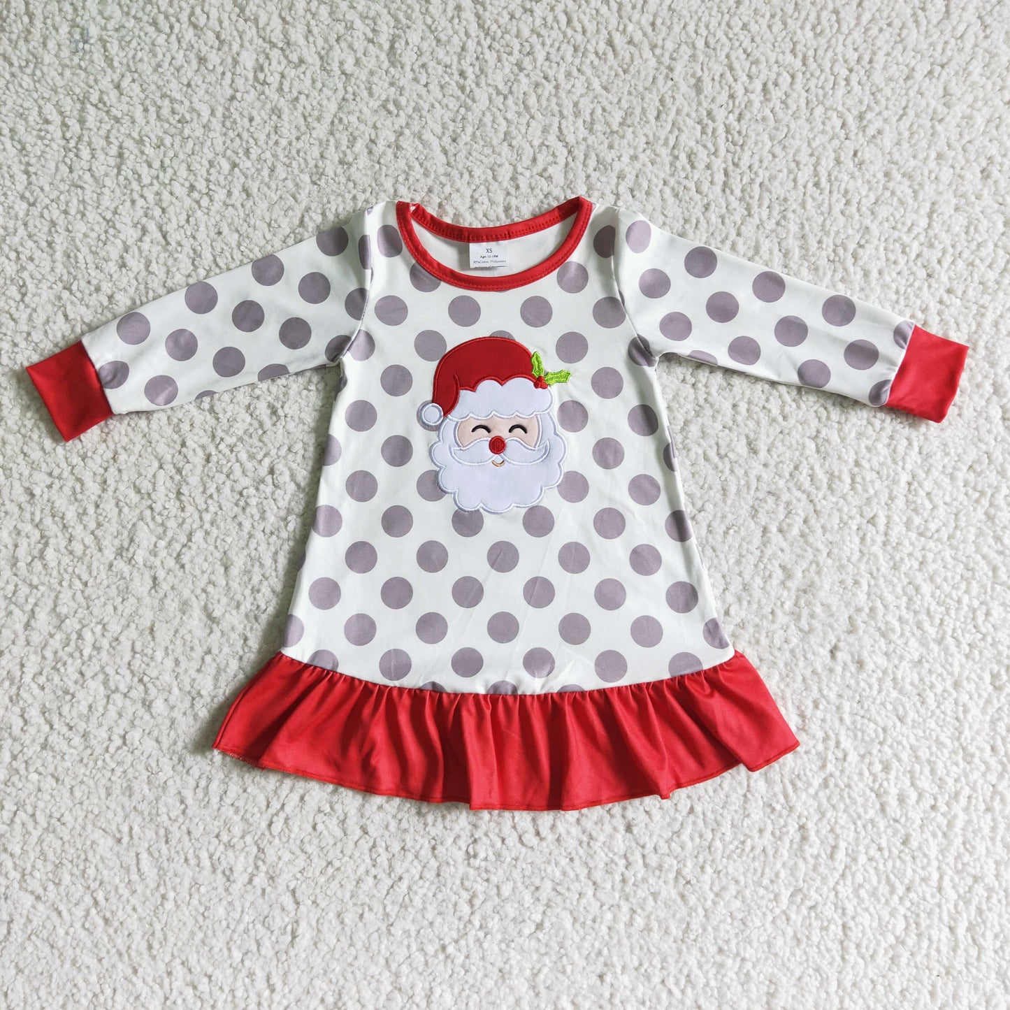 santa embroidery grey dots ruffle sleepwear dress