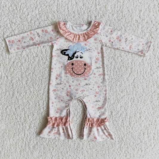 Cute Long Sleeve Floral Romper with Cow Embroidery