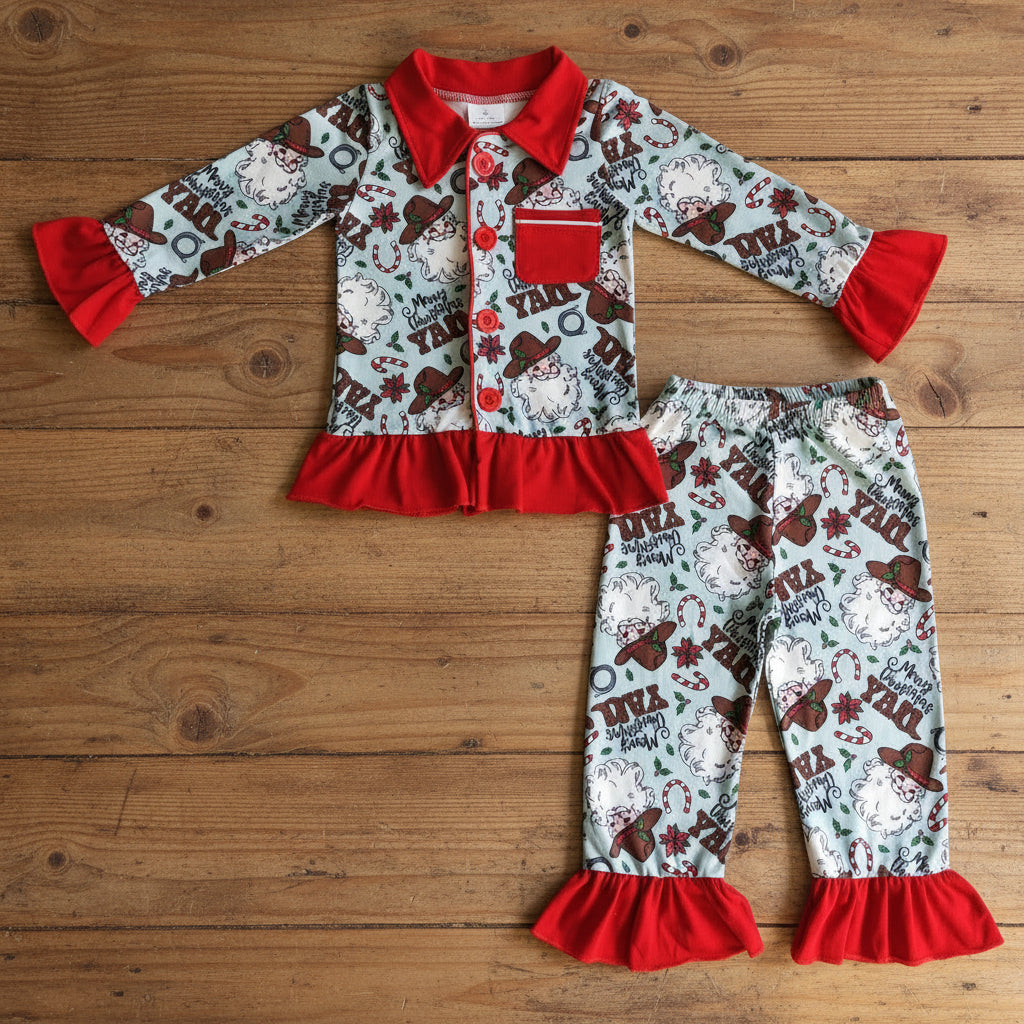 Christmas western cowgirl Santa ruffle button pajama