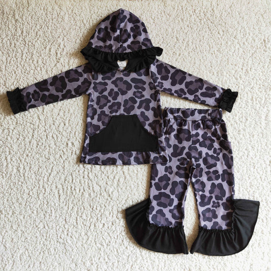 winter black leopard ruffle hoodie outfit girl’s clothing