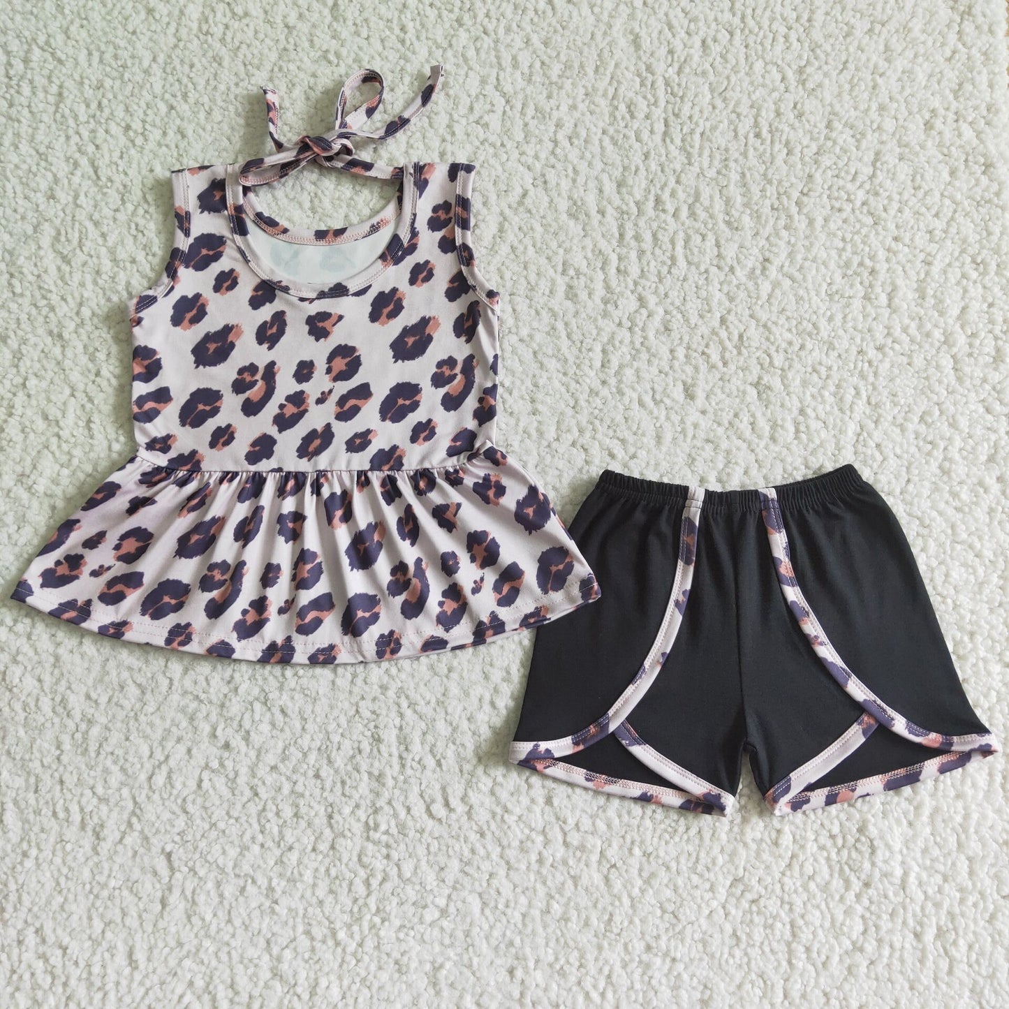 summer girl's outfit leopard tank dress black shorts set clothing