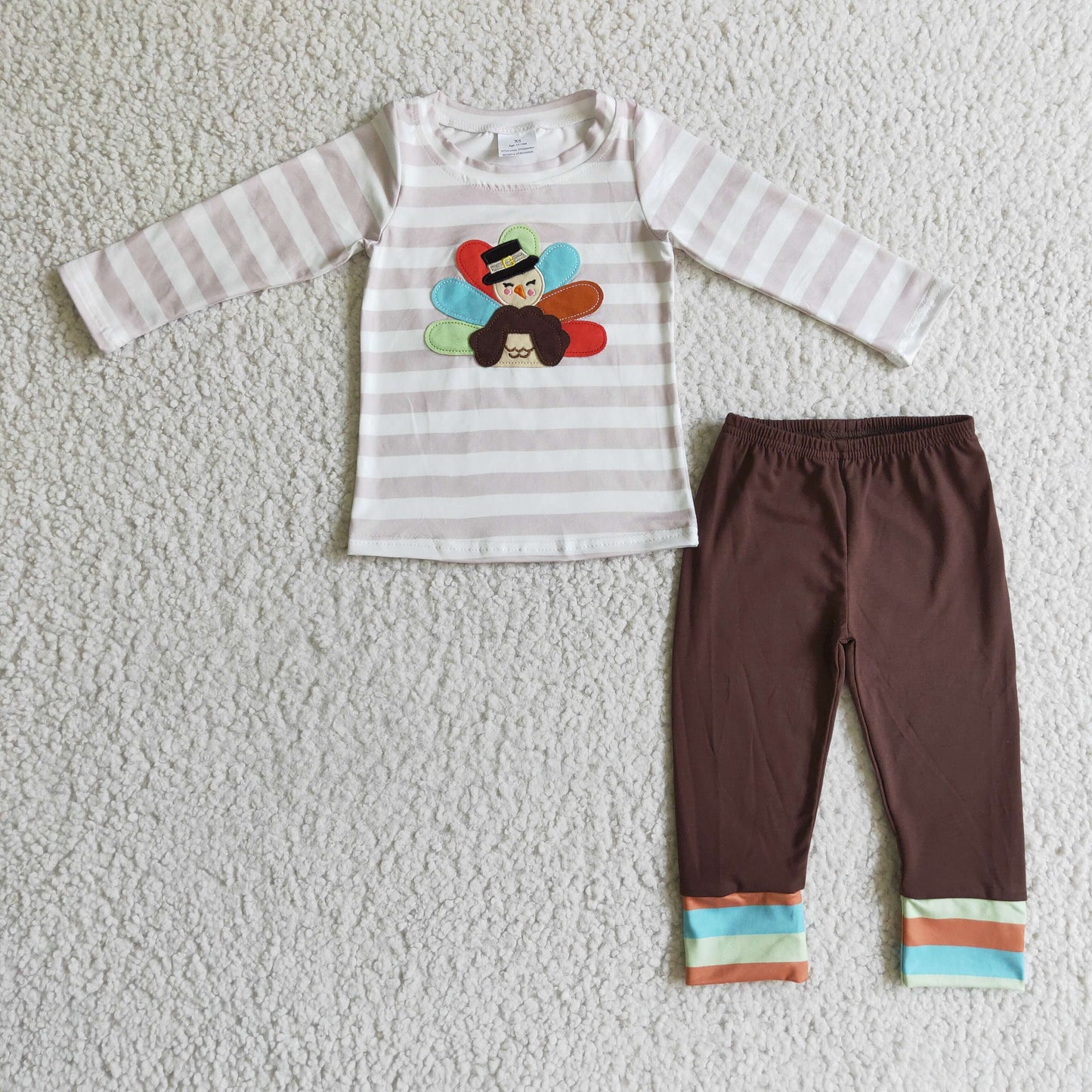 boy thanksgiving turkey embroidery brown pants set