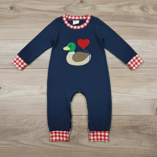 boy valentine duck embroidered navy romper
