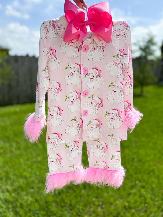pink santa print fur button down pajama set