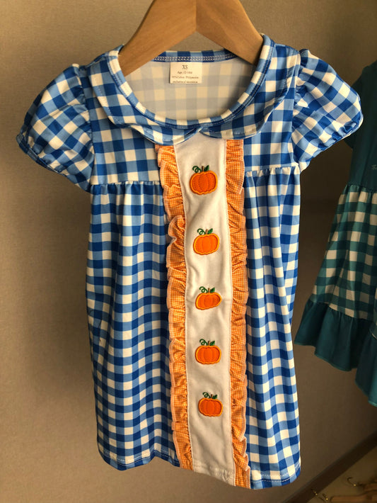 short sleeve blue plaid pumpkin embroidered dress