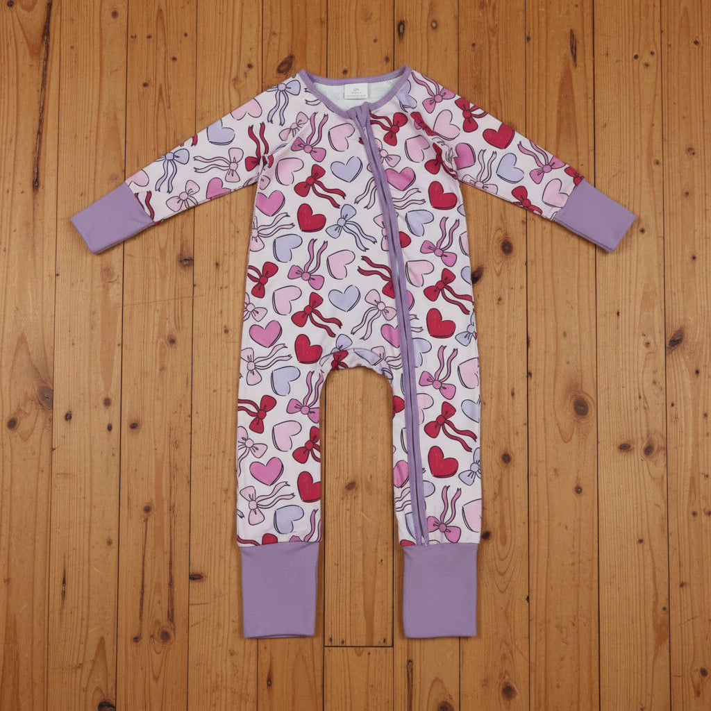 coquette and heart print valentine's day girl zipper sleeper