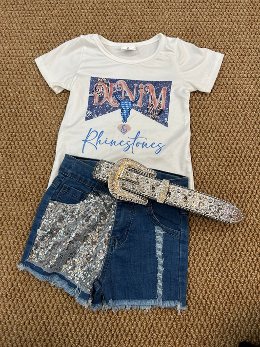 White T-shirt Sequins Blue Denim Shorts Girls 2 Pieces Summer Outfits