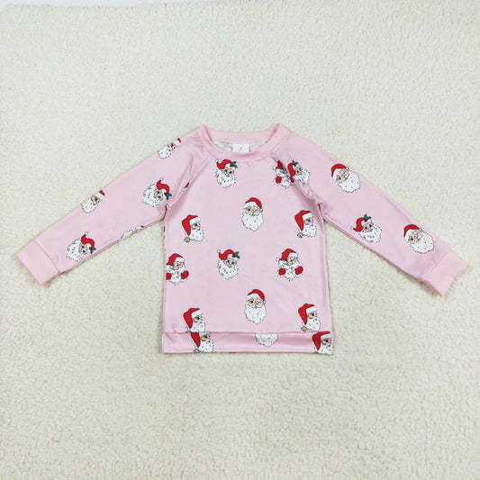 santa print on pink girls pullover top