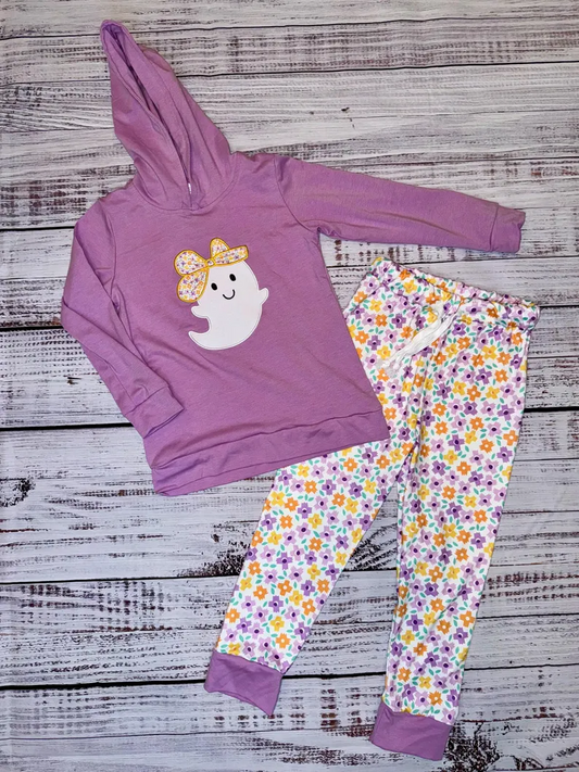 Girl purple boo embroidery floral hoodie pants set