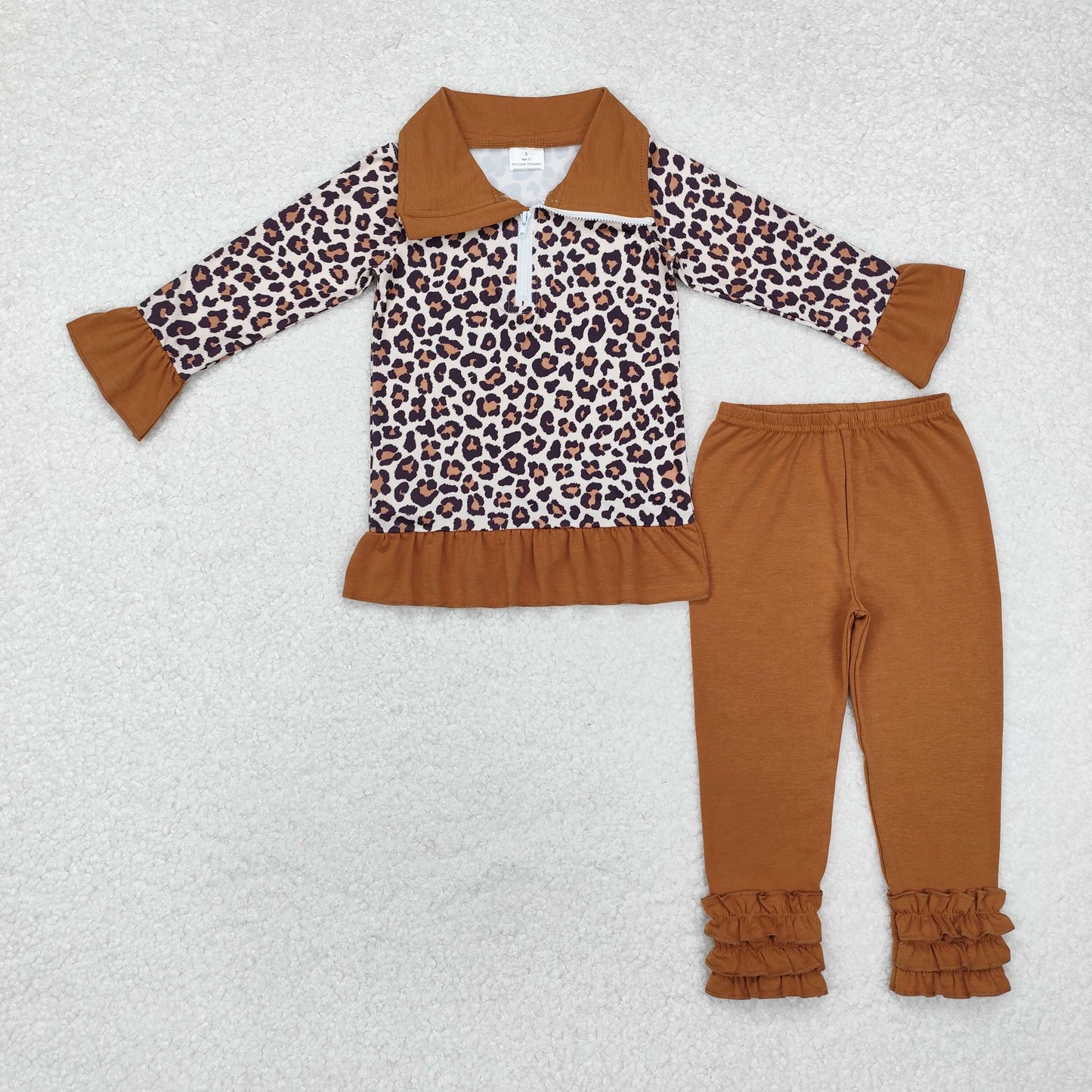 leopard zip up shirt brown pants set girl fall outfit