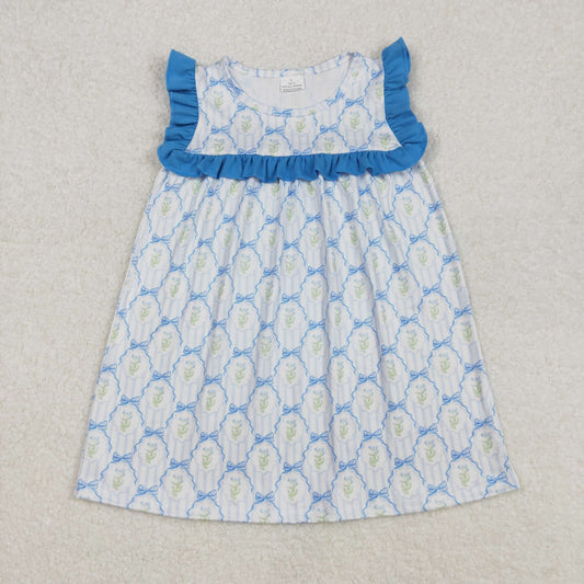 sleeveless blue bow floral dress kids dresses