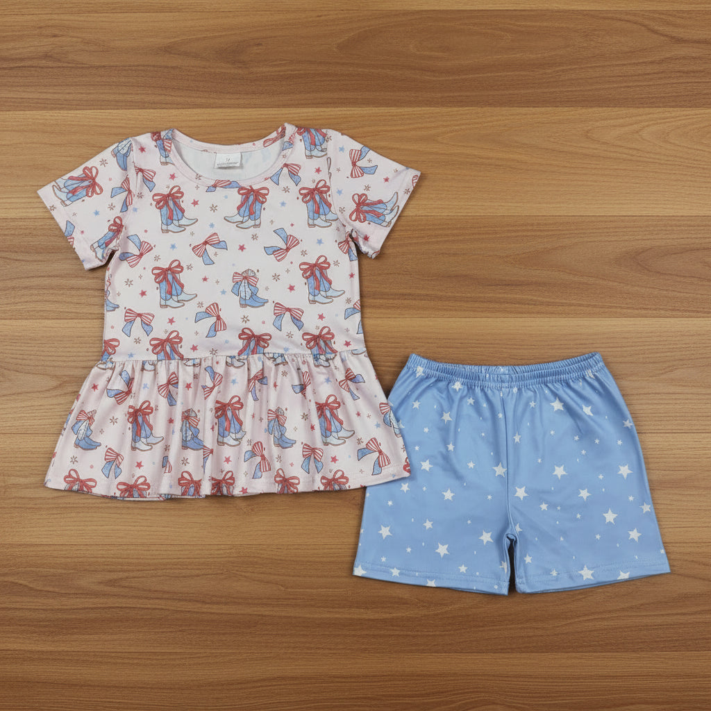 red white blue coquette cowgirl boots shorts set 4th of july girls clothing
