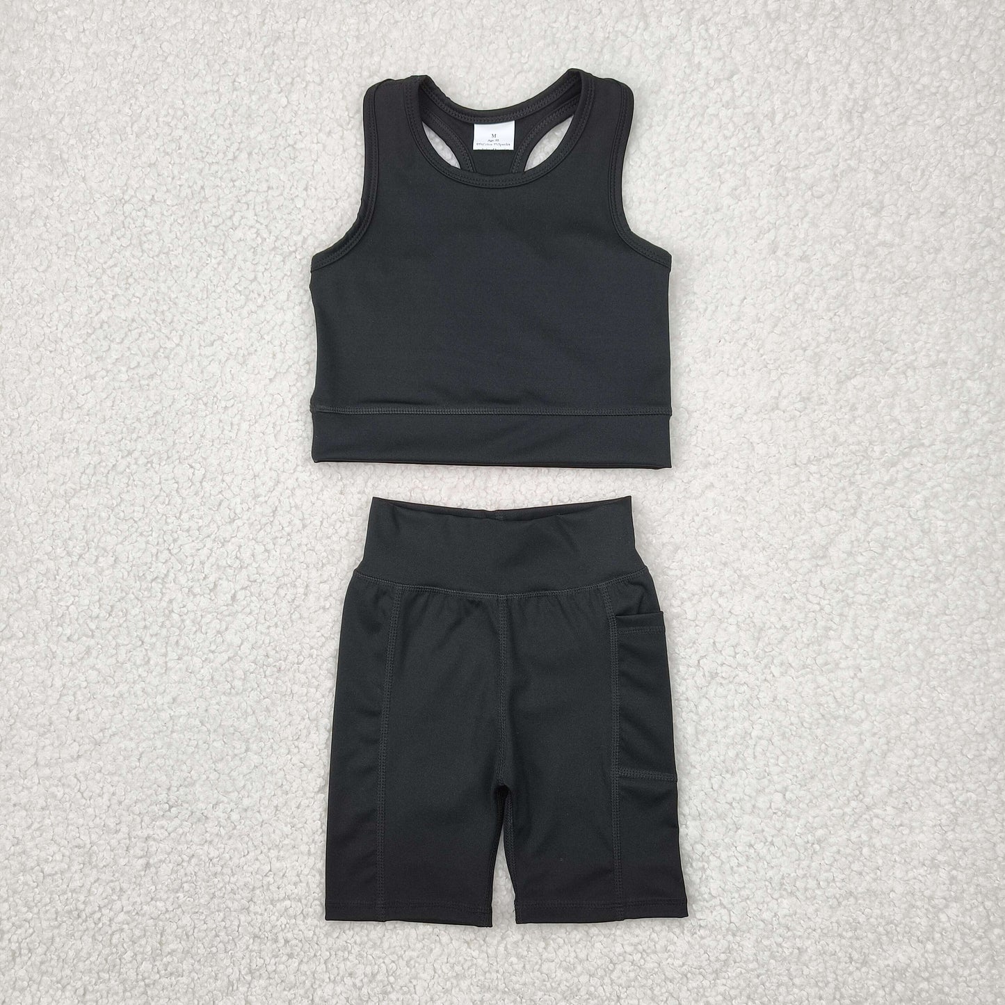 kids girl yoga suit solid black athletic tank shorts set