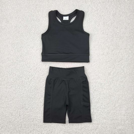 kids girl yoga suit solid black athletic tank shorts set