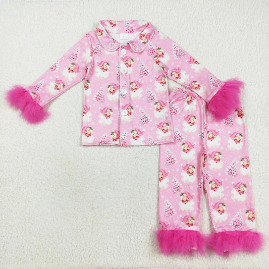 pink santa tree print fur button down pajama set