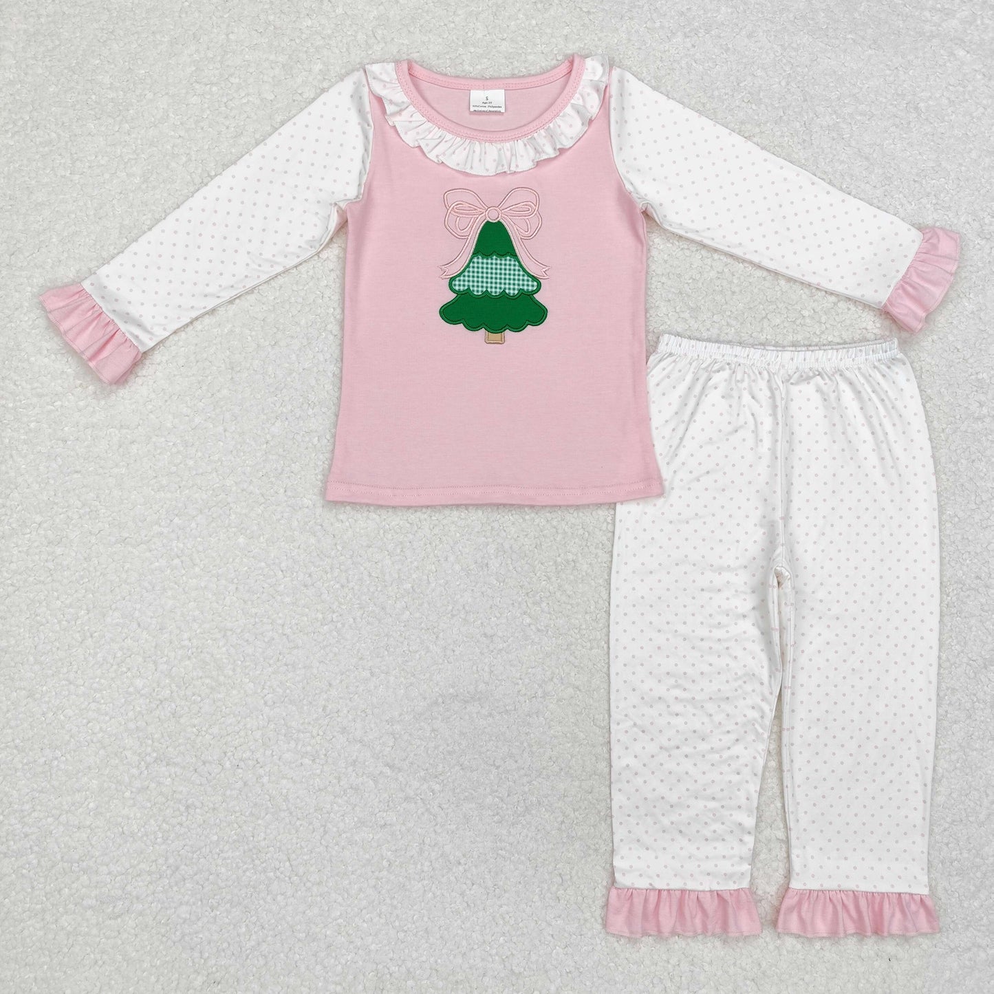 Christmsa tree embroidered girl pajama set pink