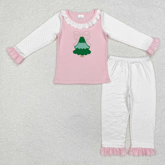 Christmsa tree embroidered girl pajama set pink