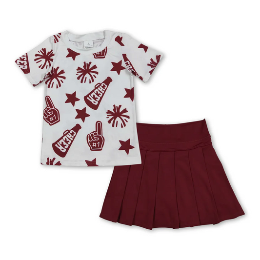 Maroon Cheer tee Pleated Skirts Set