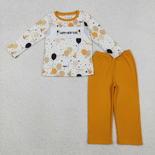 embroidery gold black balloon happy new year boy pants set