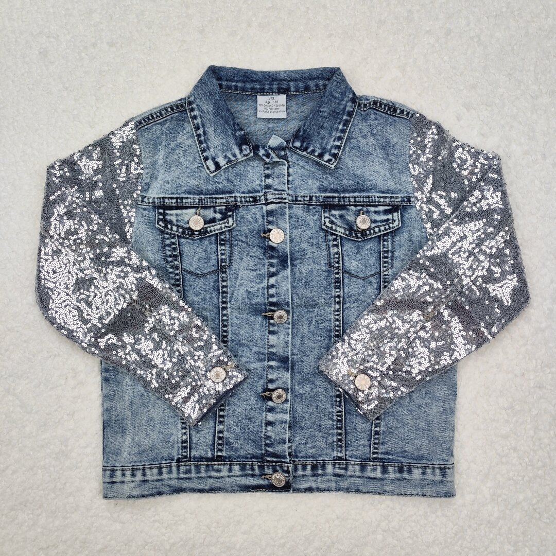 sequin sleeve button denim jacket