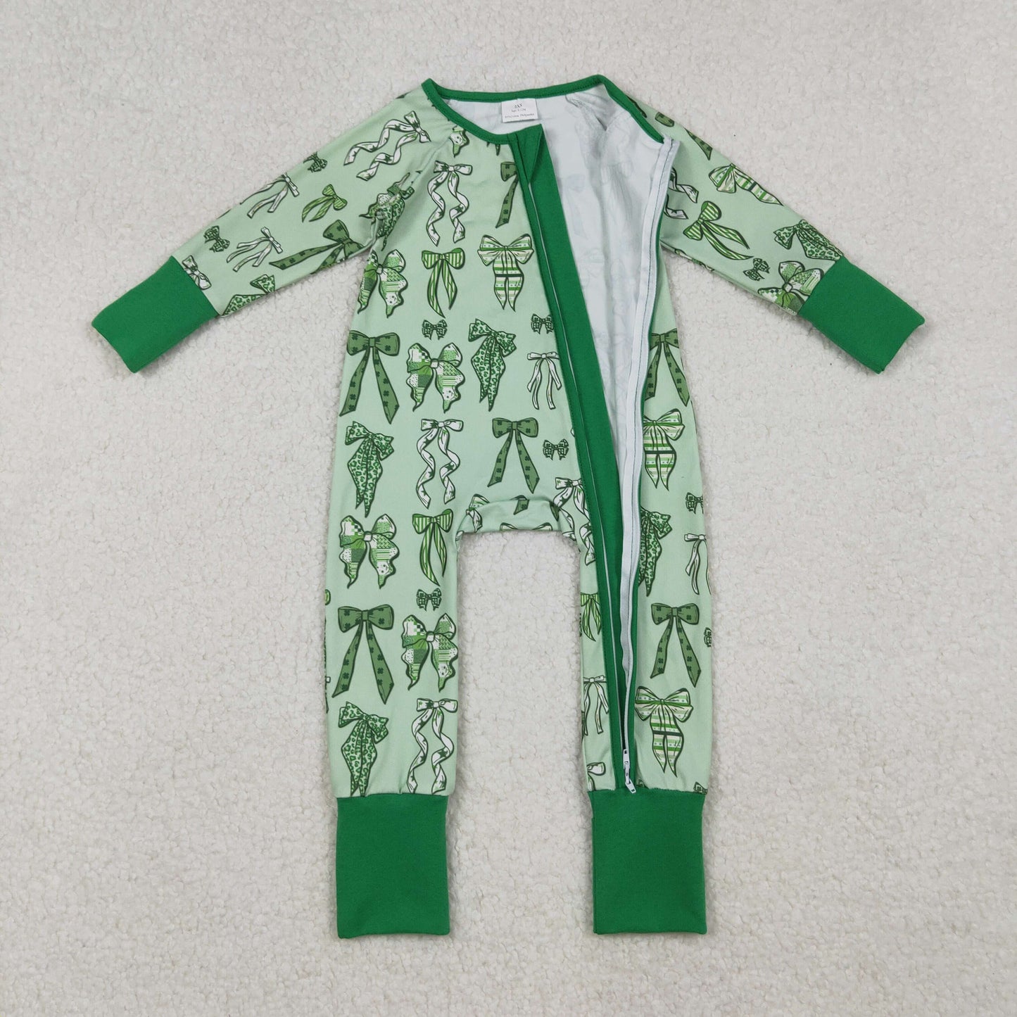 green bow coquette st patrick baby boy zipper sleeper
