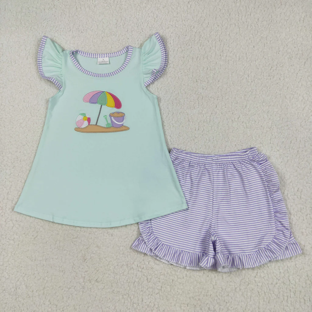 Sibling Embroidery Beach Umbrella Scallop Short Set