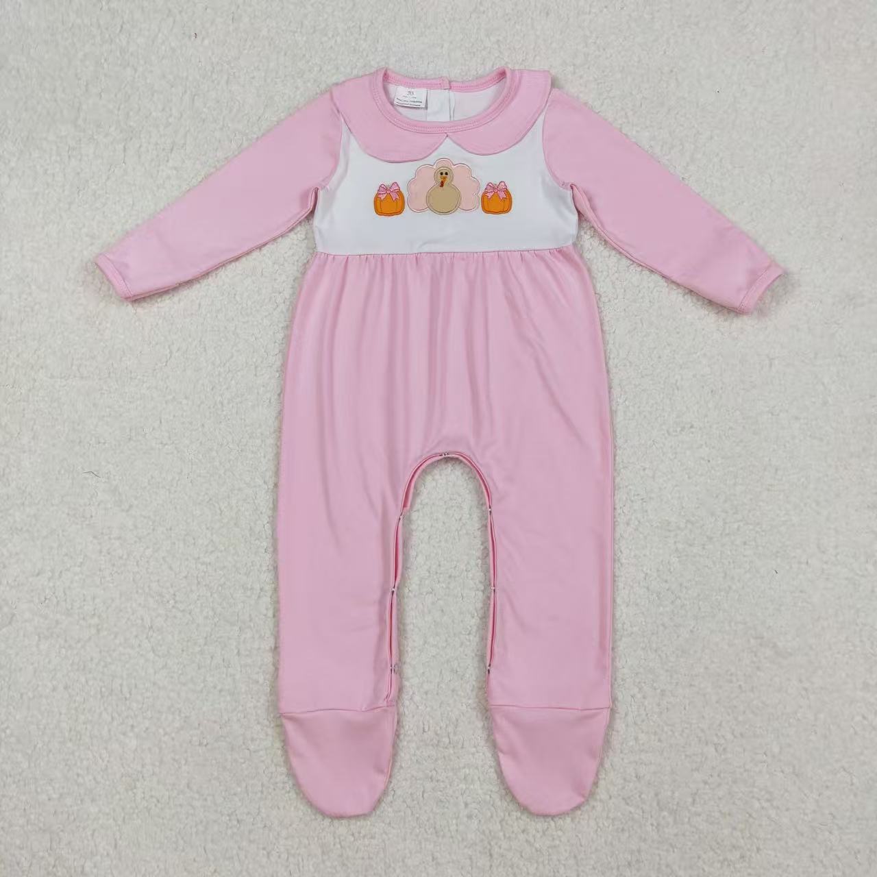 solid pink turkey embroidery footie romper thanksgiving day infant girl clothes
