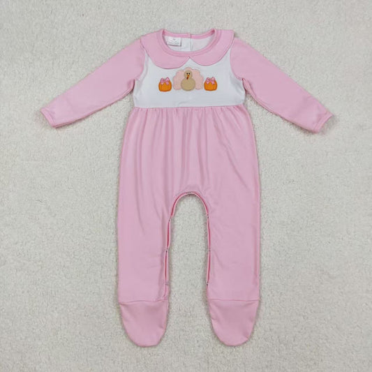 solid pink turkey embroidery footie romper thanksgiving day infant girl clothes