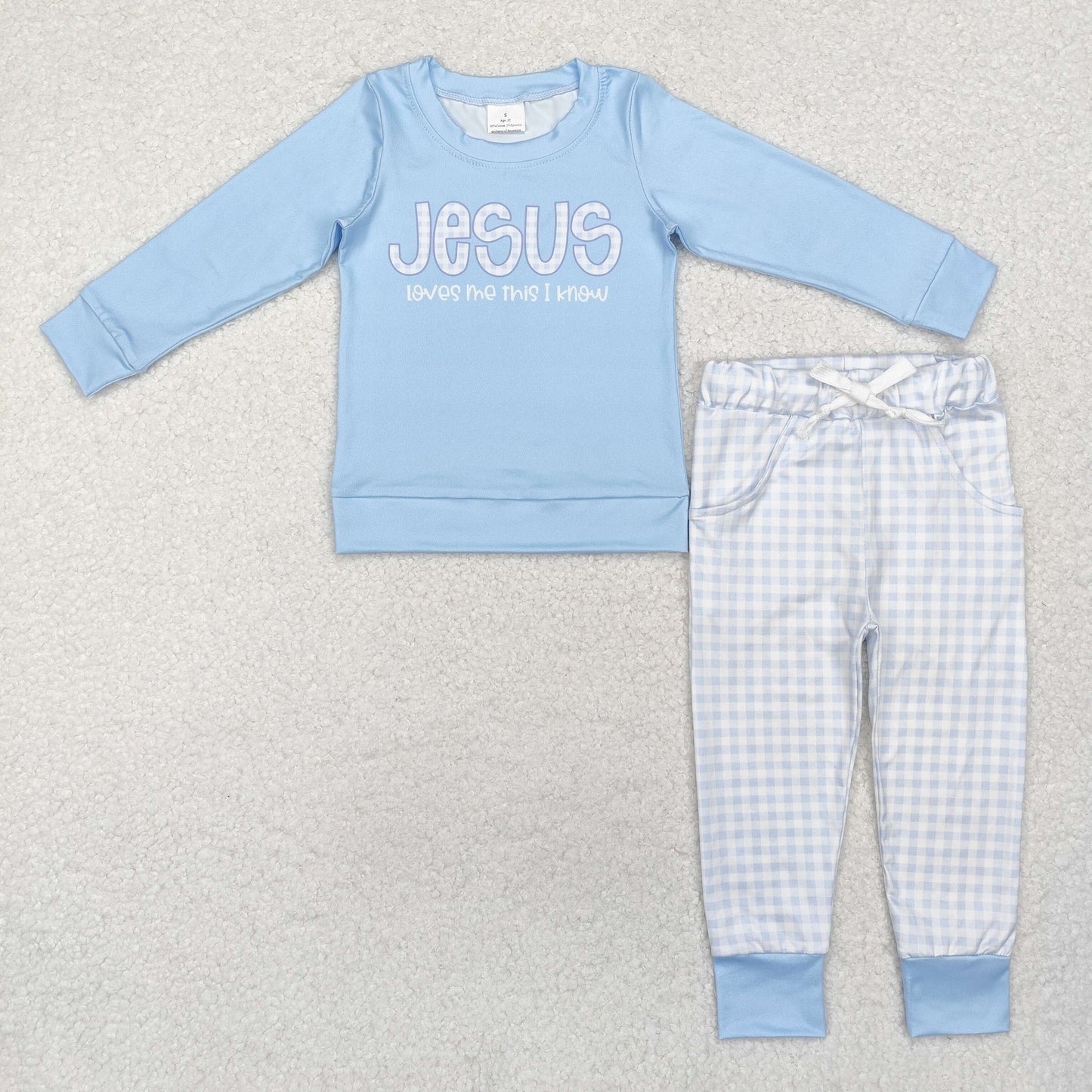 jesus loves me jogger set blue boys clothes