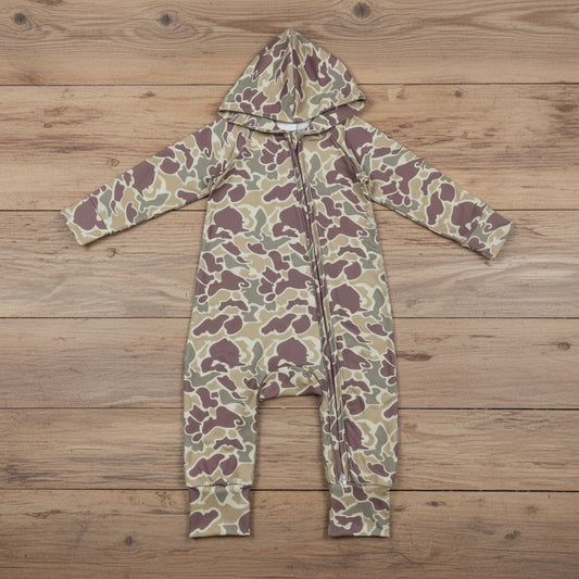 baby camo zip hooded romper