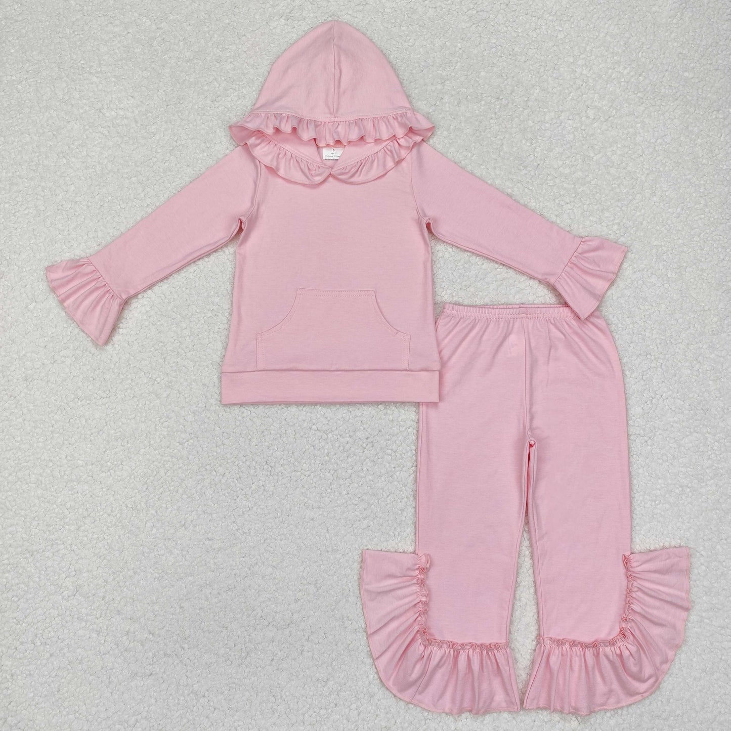 solid pink cotton ruffle hoodie pants outfit girl’s clothing