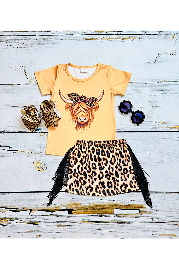 Bull tan top w/leopard print fringe skirt 2pc set