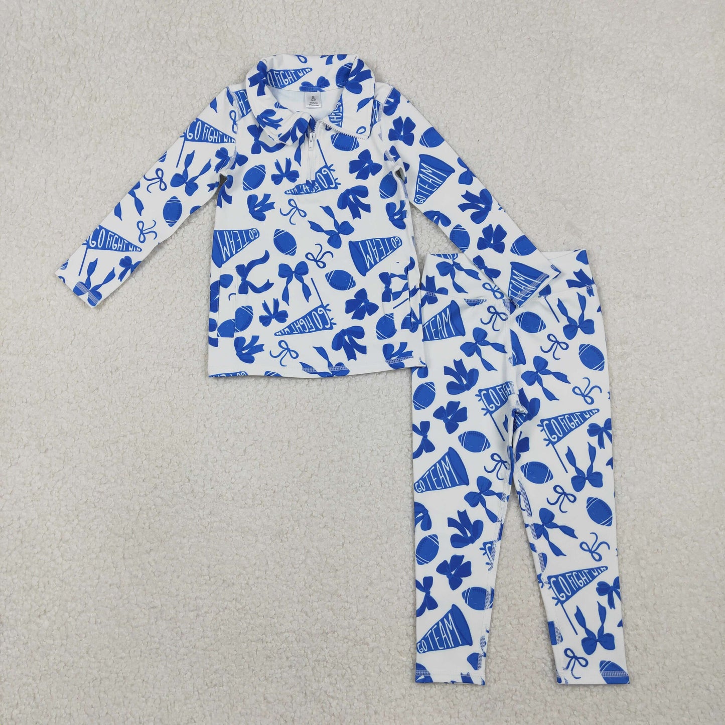 go team fight win football blue bows zipper two piece activewear